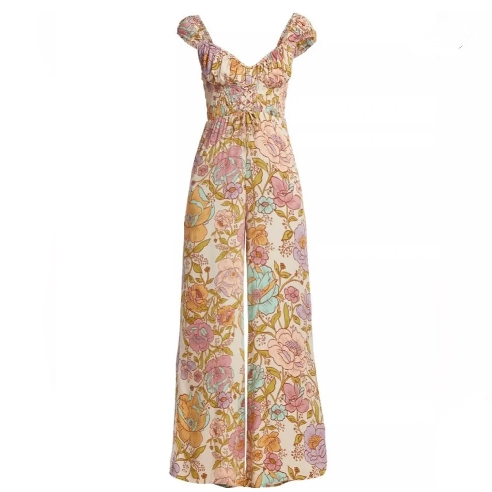 Free People Rolling Hills Jumpsuit Ivory Floral Boho Wide Leg Smocked NWT Size S
